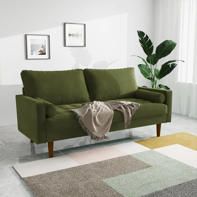 

70 Inch Velvet Sofa, Comfy 3 Seater Loveseat Sofa Couch with Tufted Seat, Mid-Century Modern Upholstered with Two Throw Pillows,