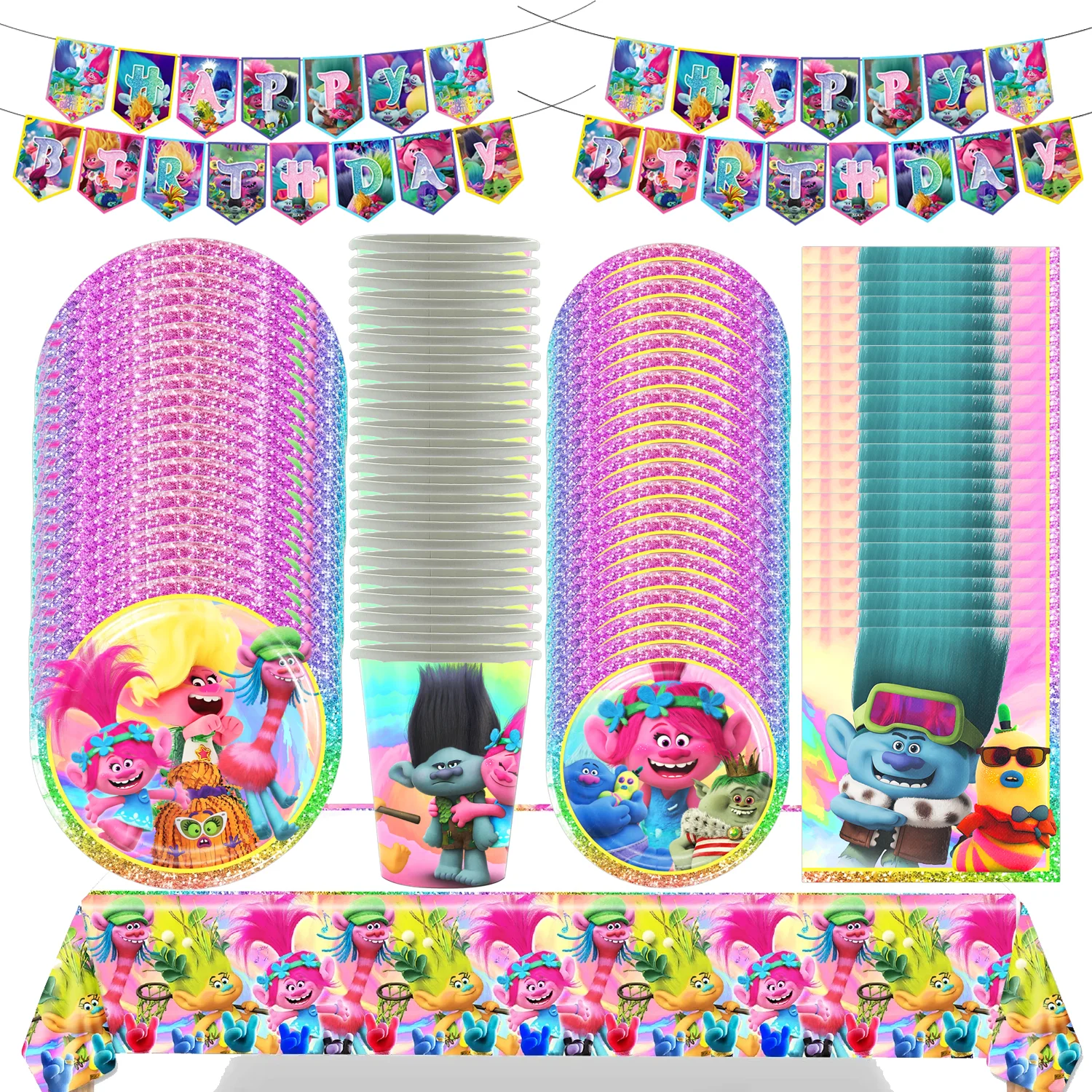 Trolls Magic Hair suministros para fiesta de cumpleaños, tazas, platos, juego de mantel, decoraciones para fiesta, globos, Pancarta, adorno para pastel, baby shower