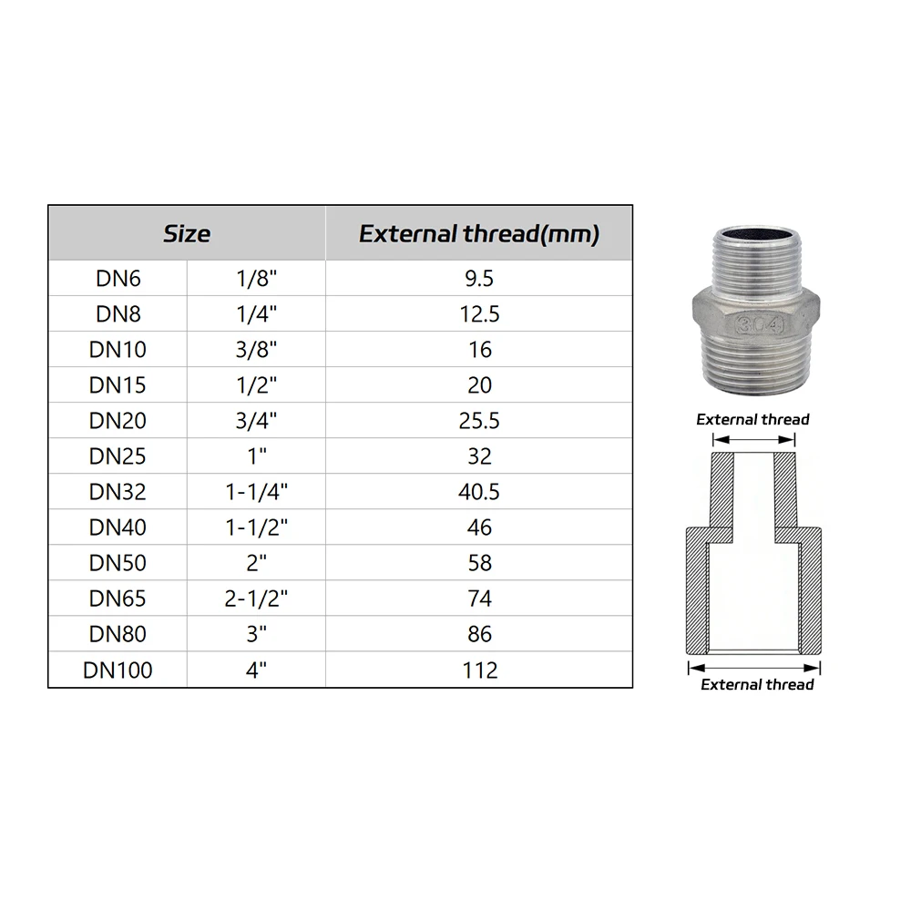 304 Stainless Steel BSP Male Thread Reducer - Hex Nipple 1/8