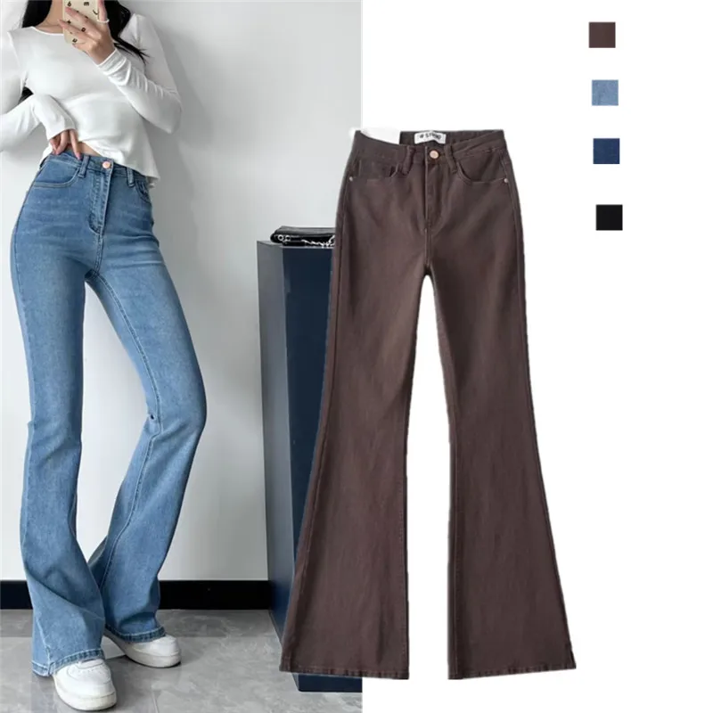 

High Waist Bell Bot Jeans Women's Elastic Slim Fit Jeans Small Slit Long Leggings Deep Blue Waed Fabric Zipper Closure