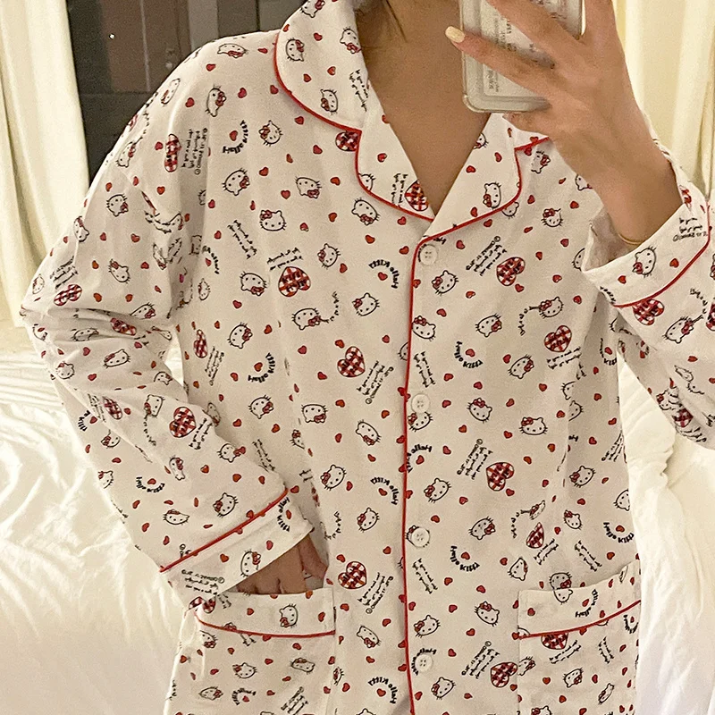 Hello Kitty Sanrio Pajamas for Women Spring and Autumn Long-sleeved Trousers Ins Style Cartoon Student Home Wear Set Gift