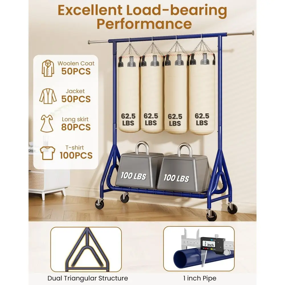 Sturdy Metal Rolling Clothes Rack, 450 lbs Capacity, Lockable Wheels, Navy Blue for Bedroom Wardrobe