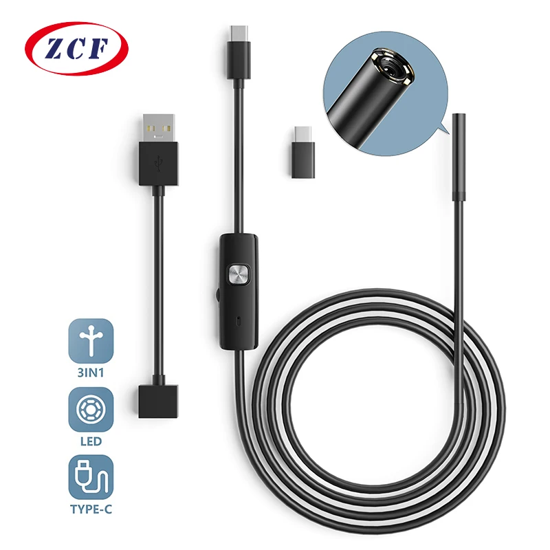 3 IN 1 Type-C Micro USB Endoscope Camera Waterproof 5.5/7MM Len 6 LED Lights 2M Hard/Soft Wire Pipeline Car Inspection Borescope