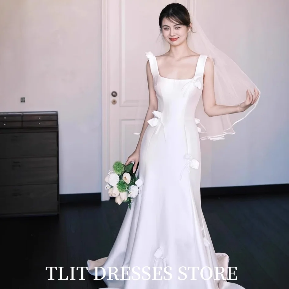 TLIT Elegantes weißes A-Linien-Hochzeitskleid mit quadratischem Kragen und Schleife, Abendkleid, Korea-Brautkleid, Fotoshooting, individuelles bodenlanges Kleid