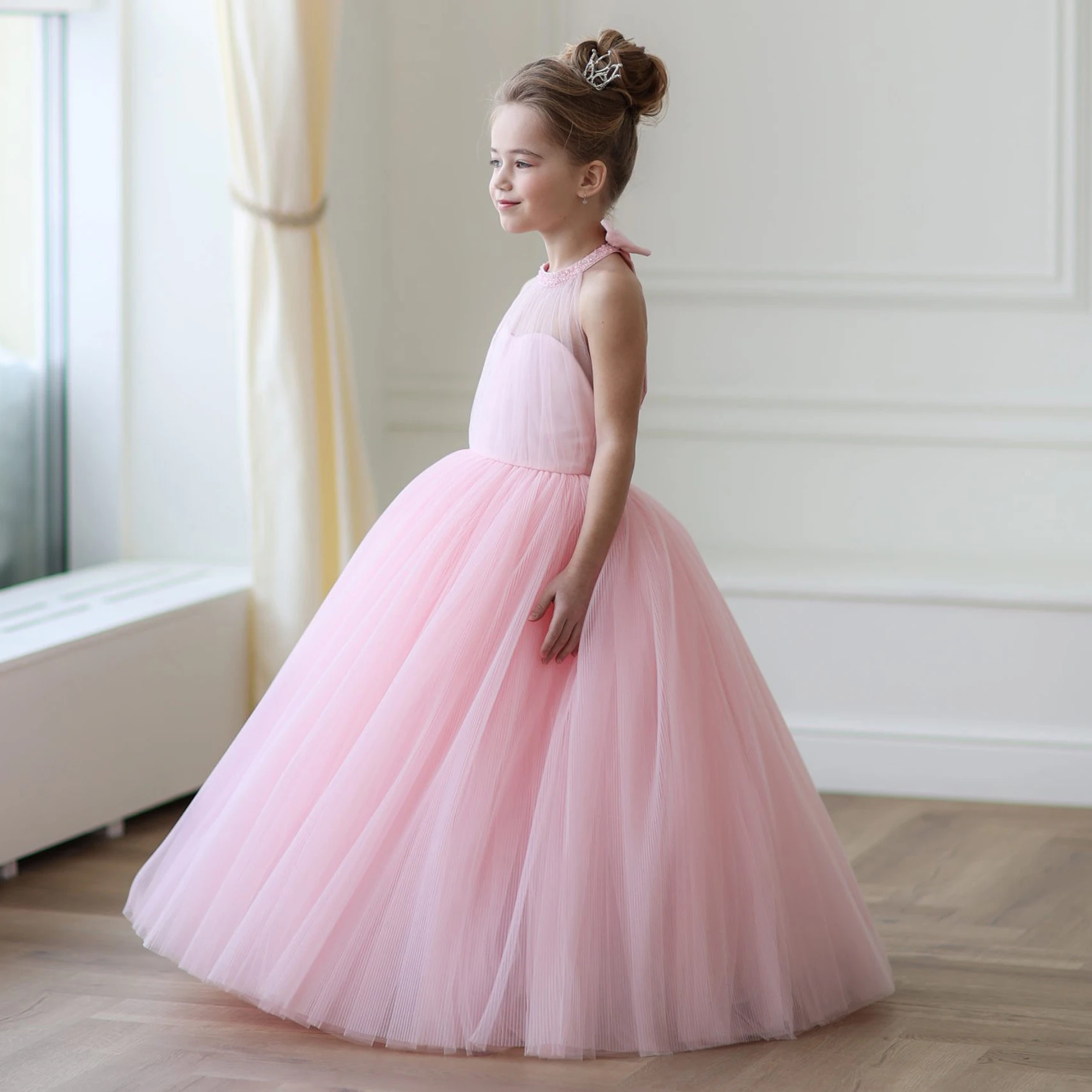 

Elegant Bow Bridesmaid Princess Dresses for Girls Tulle Bridesmaid Wedding Party Girl Dress Birthday First Communion Kids Clothe