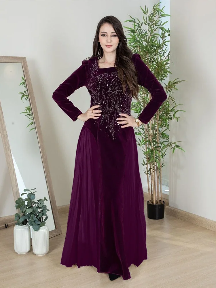 Diamond Velvet Muslim Party Dress Women Eid Morocco Ramadan Chiffon Patchwork Vestidos Largo Kaftan Islam Dubai Arab Long Robe