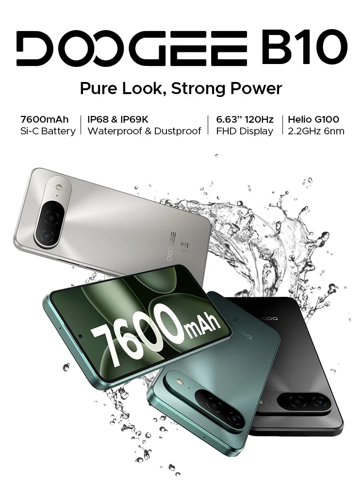 Światowa premiéra smartfona DOOGEE B10, bateria 7600mAh, 6GB RAM, 256GB pamięci, ekran 6.6'', 64MP kamera AI, Gemini AI, Android 16, telefon komórkowy. — zdjęcie produktu 7