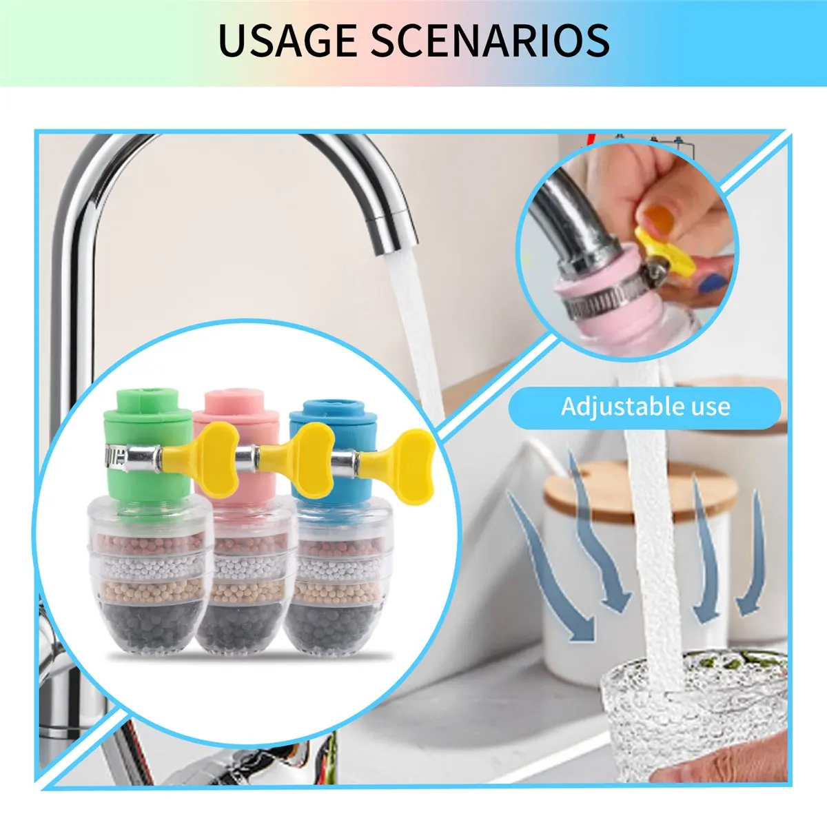 wilwill 3Pcs Home Kitchen Water Softener Fluoride with Filtration Cartridge Faucet Purifier Faucet Tap Water Purifier Filter
