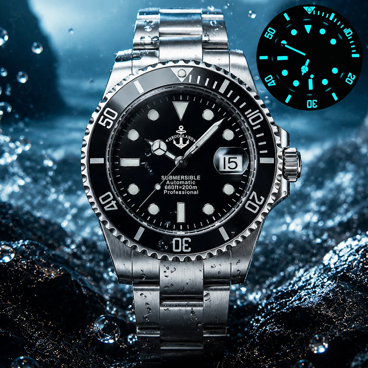 HRUODLAND Men's Dive Watches 200m Sapphire Crystal BGW9 Luminous PT5000 Automatic Mechanical Movement High Quality Sports Watch