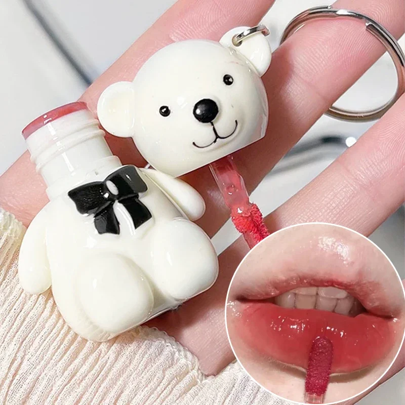 White Cute Bear Keychain Mirror Lip Glaze Water Glass Gloss Moisturizing LipGloss Waterproof Lasting Non-Stick Lipsticks Makeup