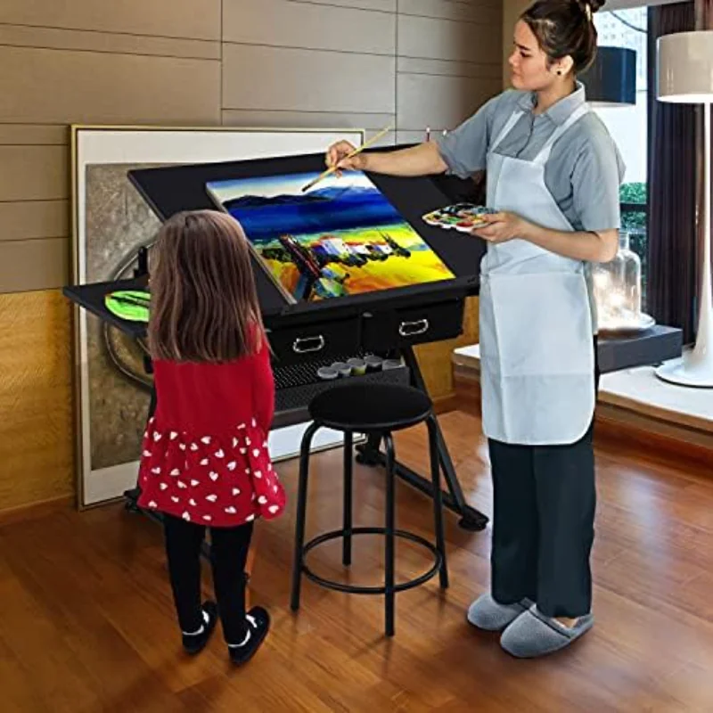 Art Craft Table Drawing Table Height Adjustable Drafting Desk Work Station with Tiltable Tabletop w/Stool and 2 Storage