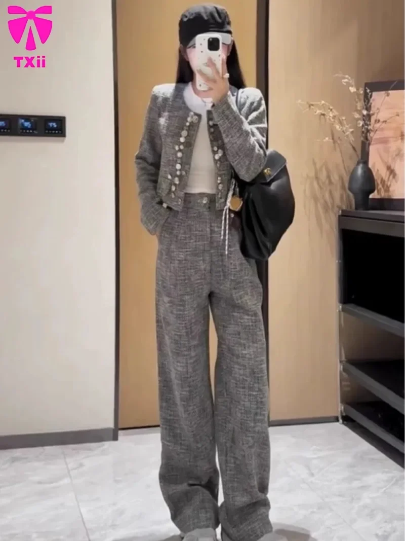 

2025 Spring and Autumn Luxury Jacket Round Neck Women's Two Piece Set High Waist Casual Loose Pants Two Piece Set