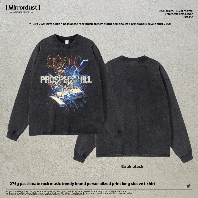 

【Mirrordust】Осенний новый стиль, белые чернила, страстный рок, музыкальный хип-хоп, персонализированная футболка с длинными рукавами и принтом