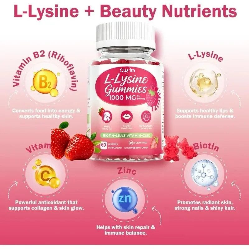 1000mg Lysine Gummies Per Serving, 60mg Lysine Extract Supplement for Women, Containing Biotin, Multiple Vitamins, and Zinc-