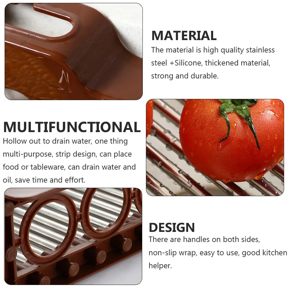 

Retractable Sink Shelf Stainless Steel Silicone Drain Multi-Functional Kitchen Storage Rack -Saving Dish Drying