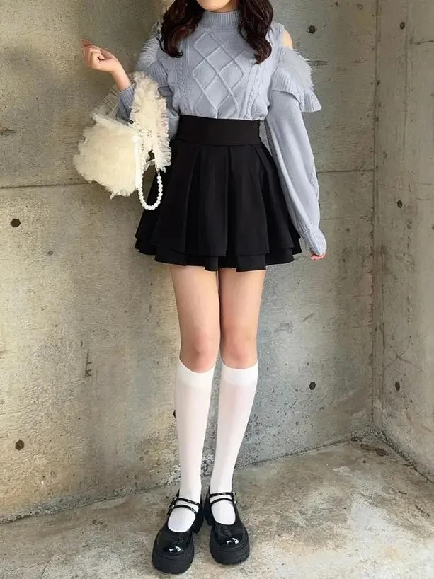 

Autumn Winter New Japanese Style Sweet High Neck Plush Sweater Versatile Off-Shoulder Ruffled Diamond Check Knitted Top