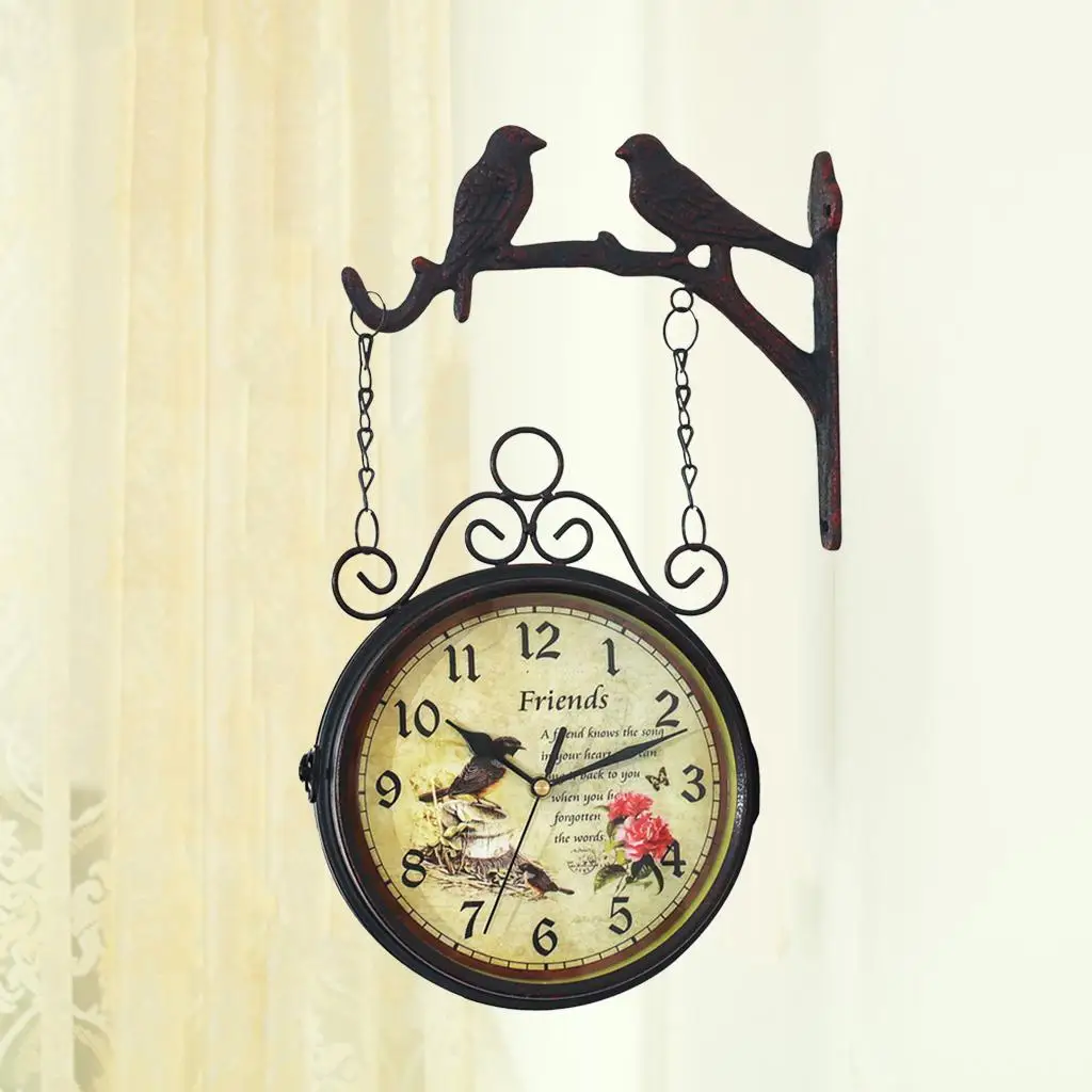 Vintage Double-Side Two Faces Metal Round Wall Hanging Clock Clocks Home