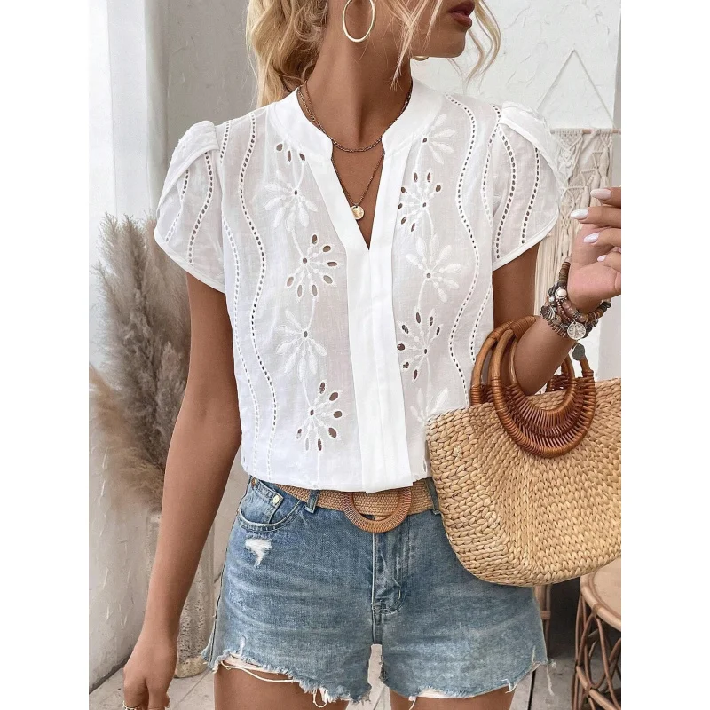 French Style Elegant Floral Eyelet Embroidery Blouse for Women V Neck Puff Sleeve Casual Summer Tops for Woman Clothing