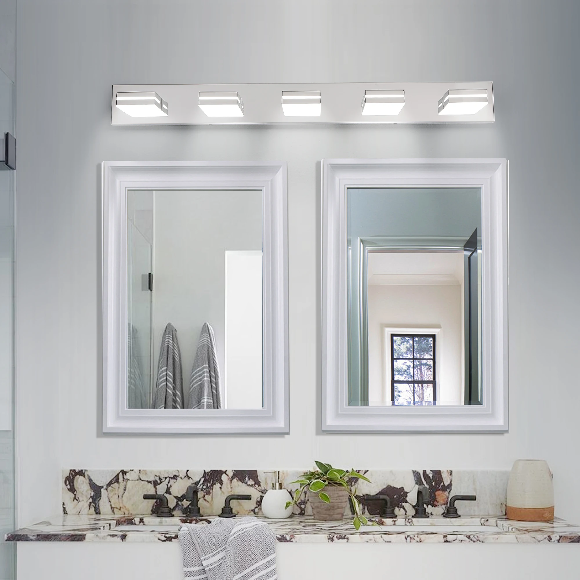 5-Light LED Modern Bathroom Vanity Light Fixture Matte Chrome Modern Acrylic Bathroom Wall Lighting Over Mirror Cool White 6000K