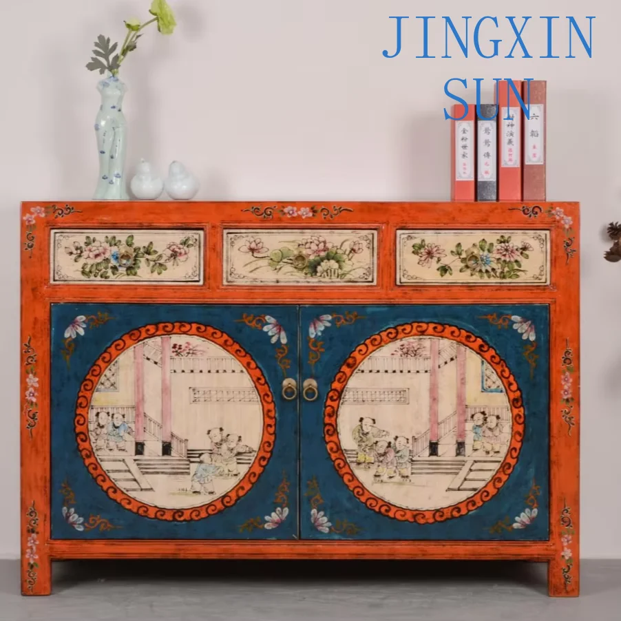 Solid Wood Antique Chinese Cabinet TV Console Eco-Friendly Painted Multifunctional Sideboard For Entryway Kitchen Hotel Use