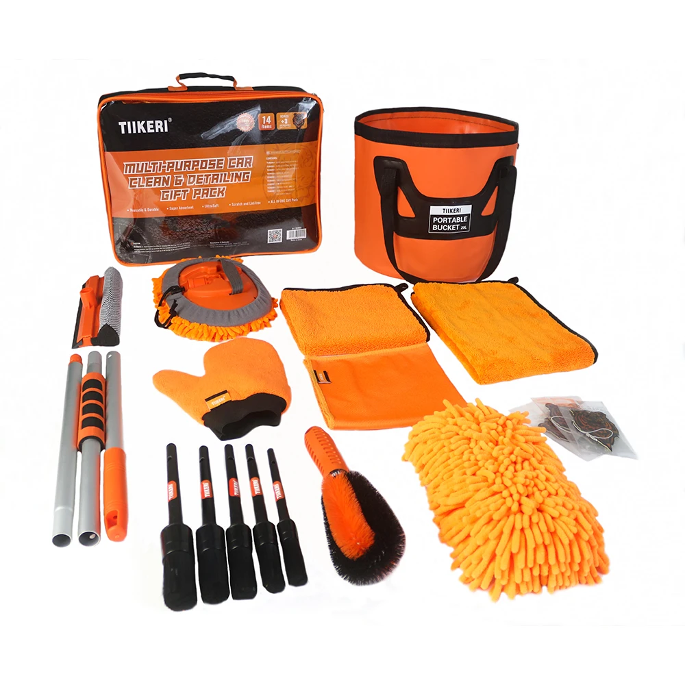 TIIKERI14pcs car wash cleaning kit professional kit cleaning car microfiber towel brush bucket sponge mop