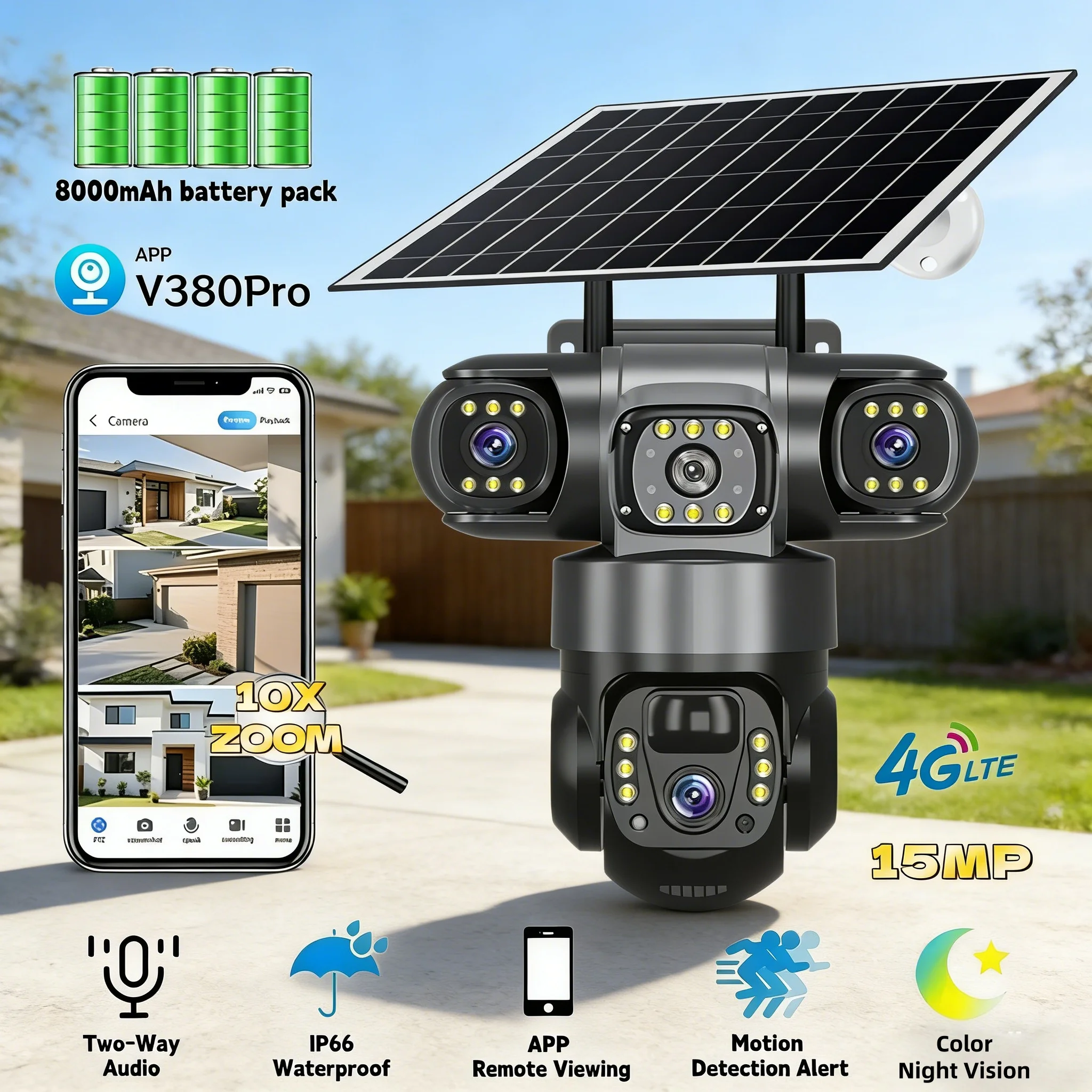 

V380 pro Solar IP Camera 3 Lens HD 15MP Outdoor Waterproof CCTV with Night Vision Two-Way Audio Mobile Tracking 4G