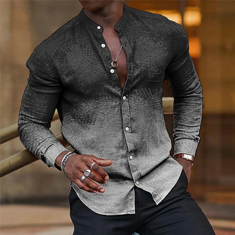 2025Europe and America Amazon wish insSpring and Autumn Gradient Men's Casual Long Sleeve Stand Collar Shirt