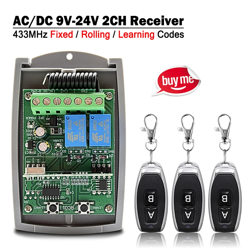 New Universal 433MHz 2CH Garage Remote Control Receiver AC DC 9-30V Relay For 433.92MHz Fixed Rolling Code Command Transmitter