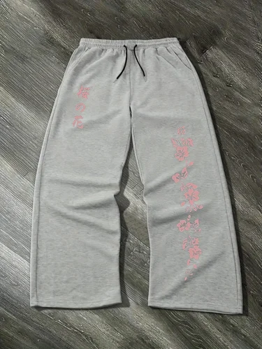 Imagen 2 del producto Pantalones para correr negros con estampado de Sakura japonés para hombre, pantalones deportivos de pierna ancha con estampado Floral rosa, pantalones casuales con cintura elástica 2025