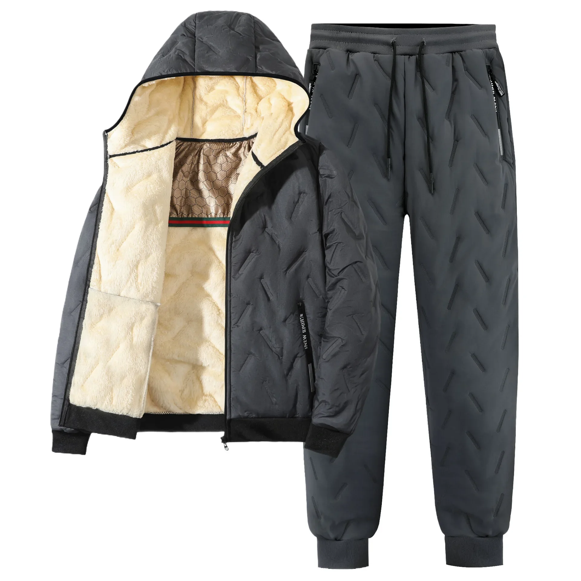 2025 Winter Fleece Tracksuits Men\'s 2 Piece Running Set Warm Jacket Pants Sweatpant Thick Plus Size Korean Sportswear Men