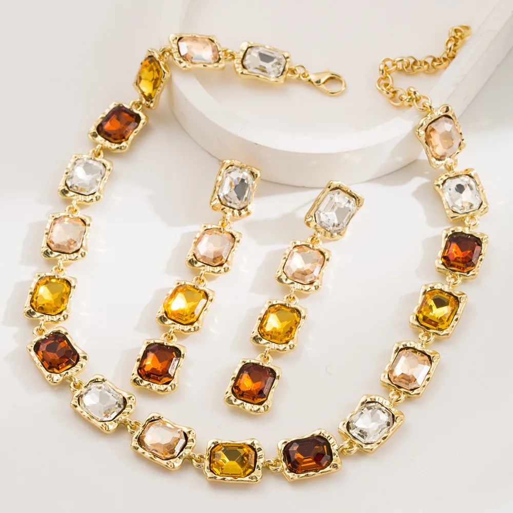 Vibrant Multi Color Cubic Zirconia Irregular Chain Necklace Earring Set Women Daily Party Engagement Fashion Jewelry Elegant Gif