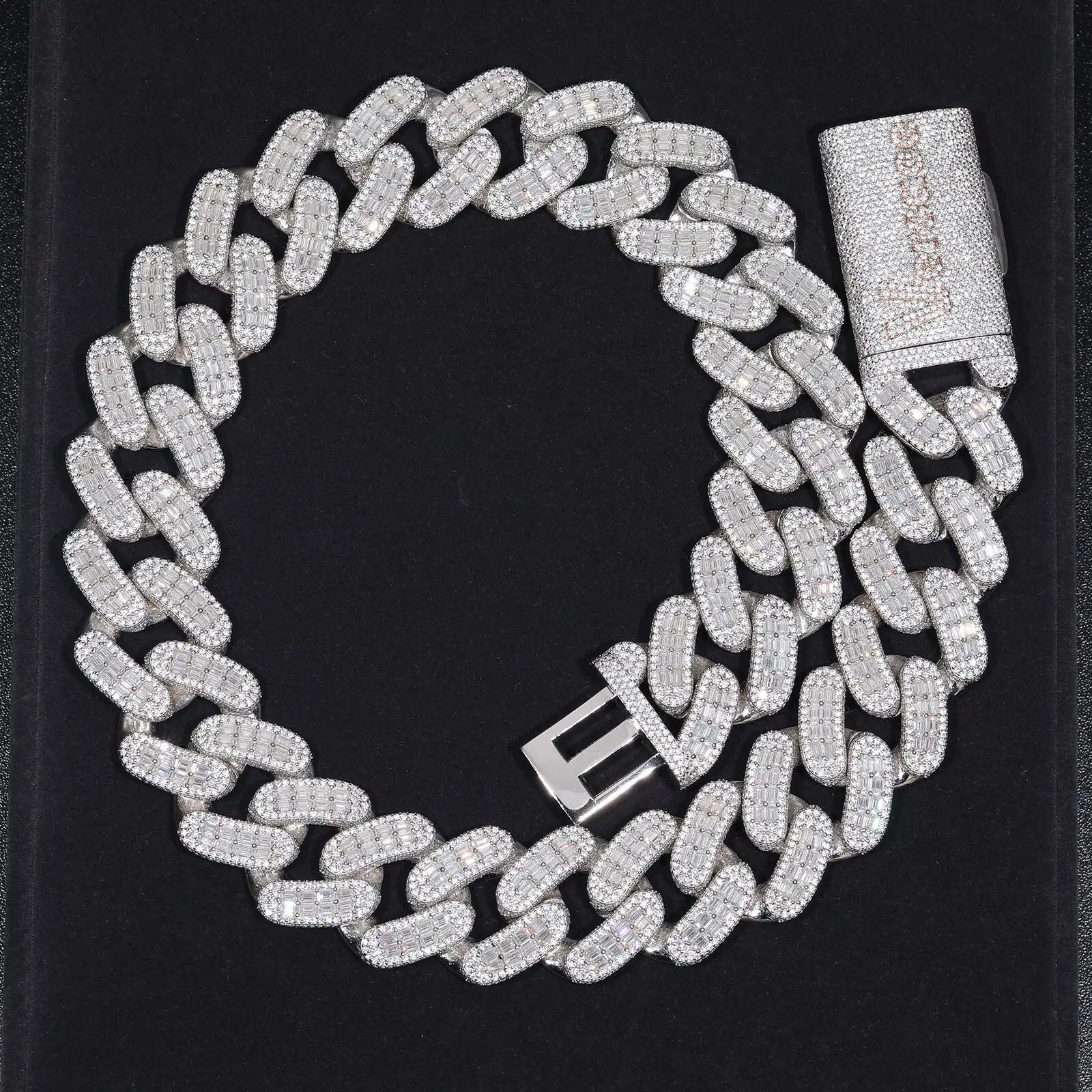 Factory Custom 28mm 925 Sterling Silver 2 Rows Vvs Baguette Moissanite Diamond Iced Out Cuban Link Chain Necklace