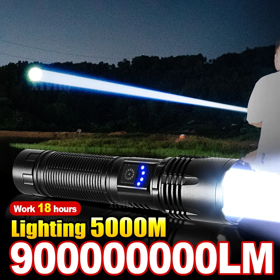 

9000000LM светодиодный мощный фонарик, портативная перезаряжаемая лампа, встроенная батарея, тактический фонарь дальнего действия 5 км, уличное освещение Встроенный аккумулятор для рыболовного патруля