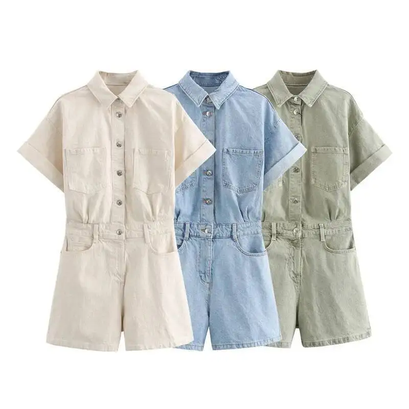 

2025 Summer Commuter Mini Lapel Single Breasted Short Sleeve Vintage Denim Jumpsuit Slim Type Women's Wear