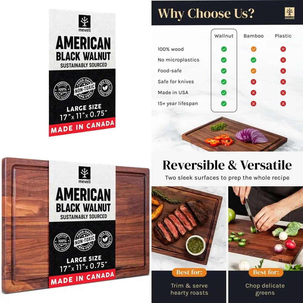 

Canadian-Made Walnut Reversible Cutting Board with Juice Grooves, 17x11x0.75 for Kitchen Use