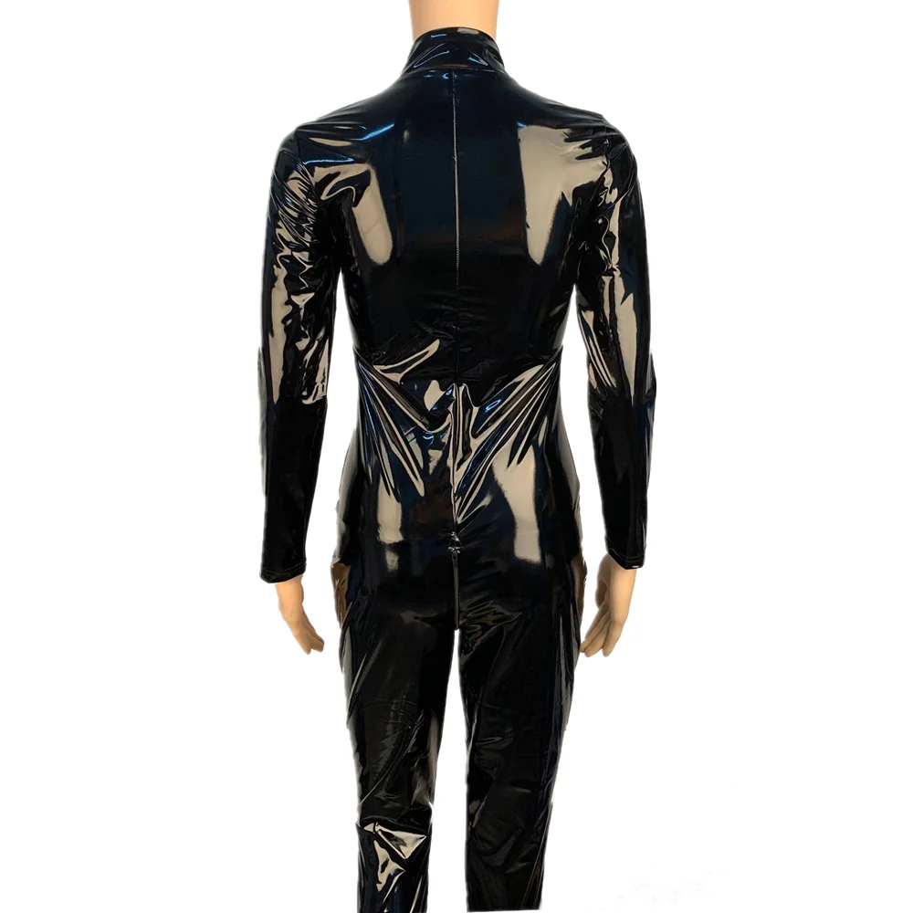 Sexy Lady Red Black Wetlook PVC Faux Leather Jumpsuit Long Sleeve Zipper Shiny PU Patent Leather Bodysuit Clubwear