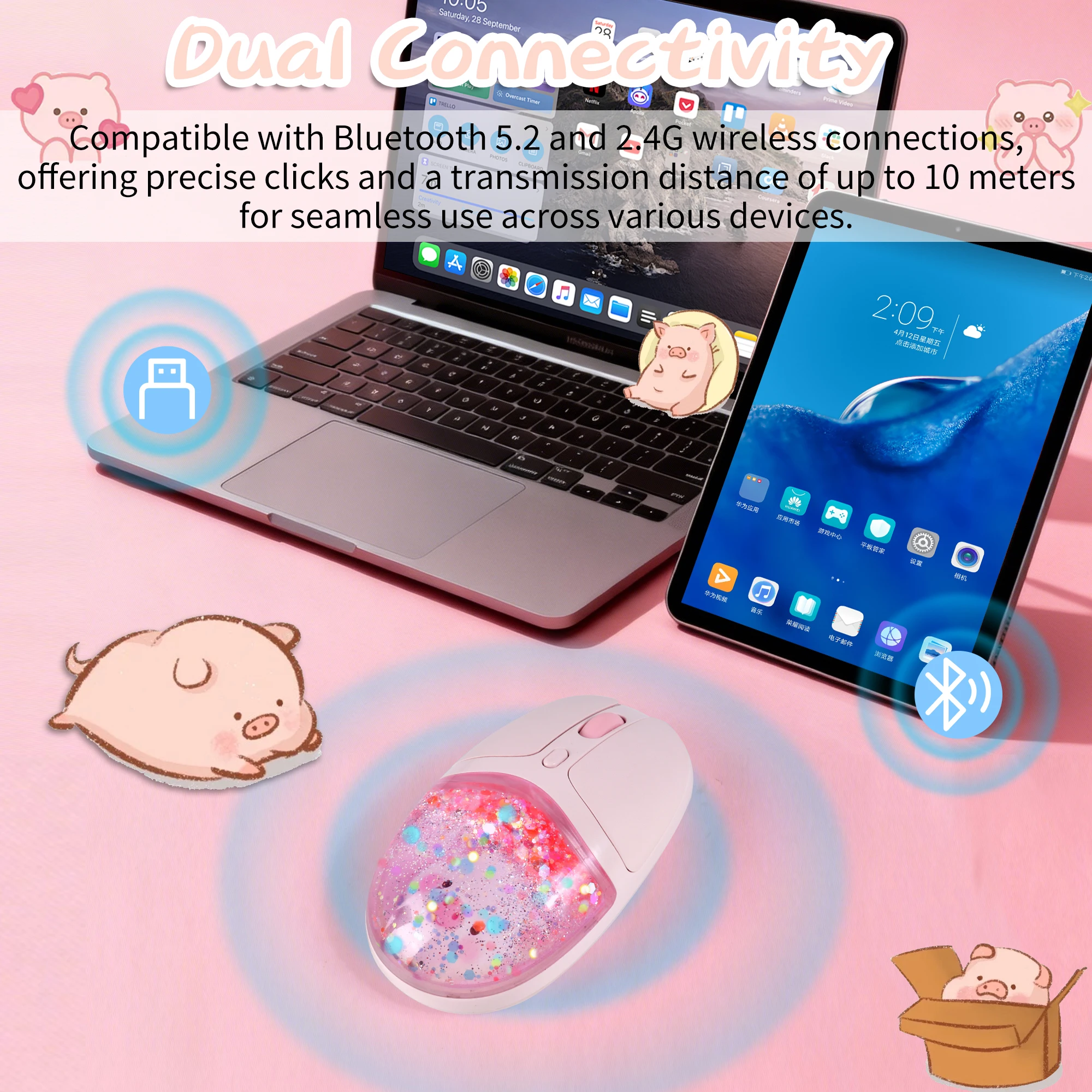 Cute Liquid Wireless Mouse 2.4G Bluetooth Dual Mode RGB Backlight Silent Rechargeable For Women Office Laptop PC
