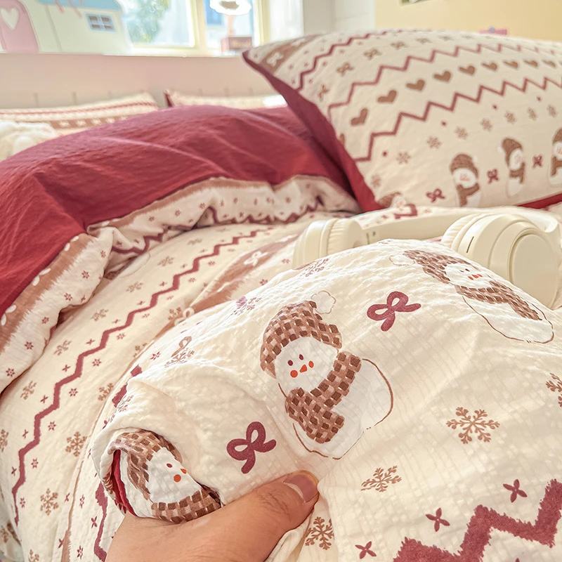 Soft Puff Yarn Bedding Set Snowman Printed Bedclothes Skin-friendly Duvet Cover Set with Bedsheet for Home Bedding Sets 이불세트