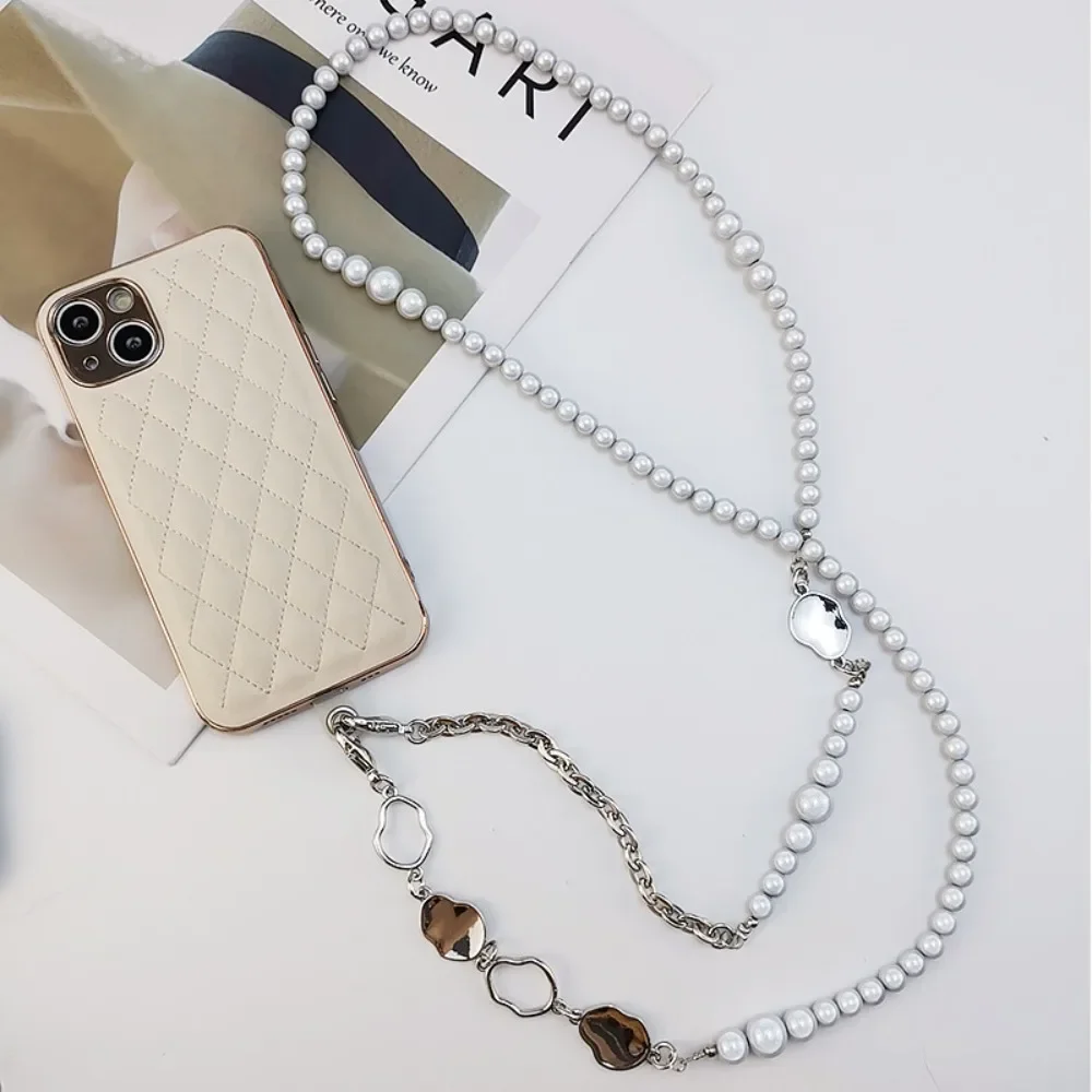 Mobile Phone Lanyard Crossbody Chain Metal Phone Clip Chain Long Pearl Lanyard Anti-lost Backpack Type Women's Diagonal Lanyard