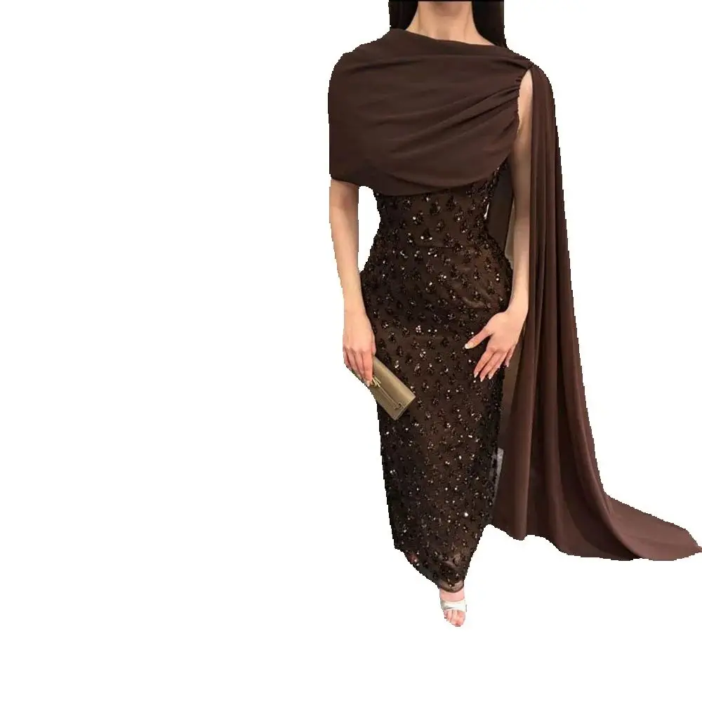 Eeqasn Braune Partykleider, Ballkleid, Abendkleider, Marineblau, Pailletten, Meerjungfrauen-Cape, Maxikleid für formelle Abende, individuell anpassbar