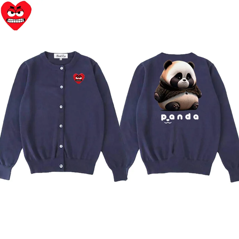 Fat Panda Printing Women Cardigan Cotton Cute Snag Heart Embroidery O-Neck Single Breasted Long Sleeves Autumn Fit Sweater