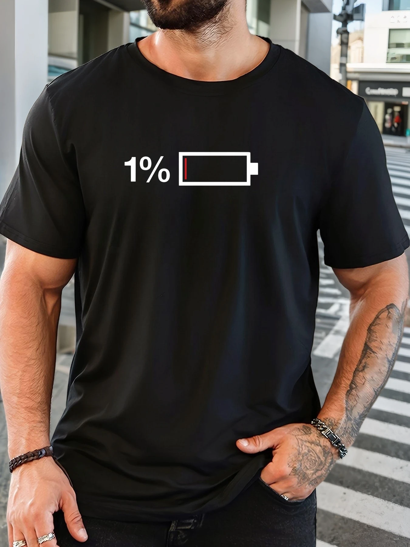 

Men's 1% battery pattern summer casual crew neck short T-shirt