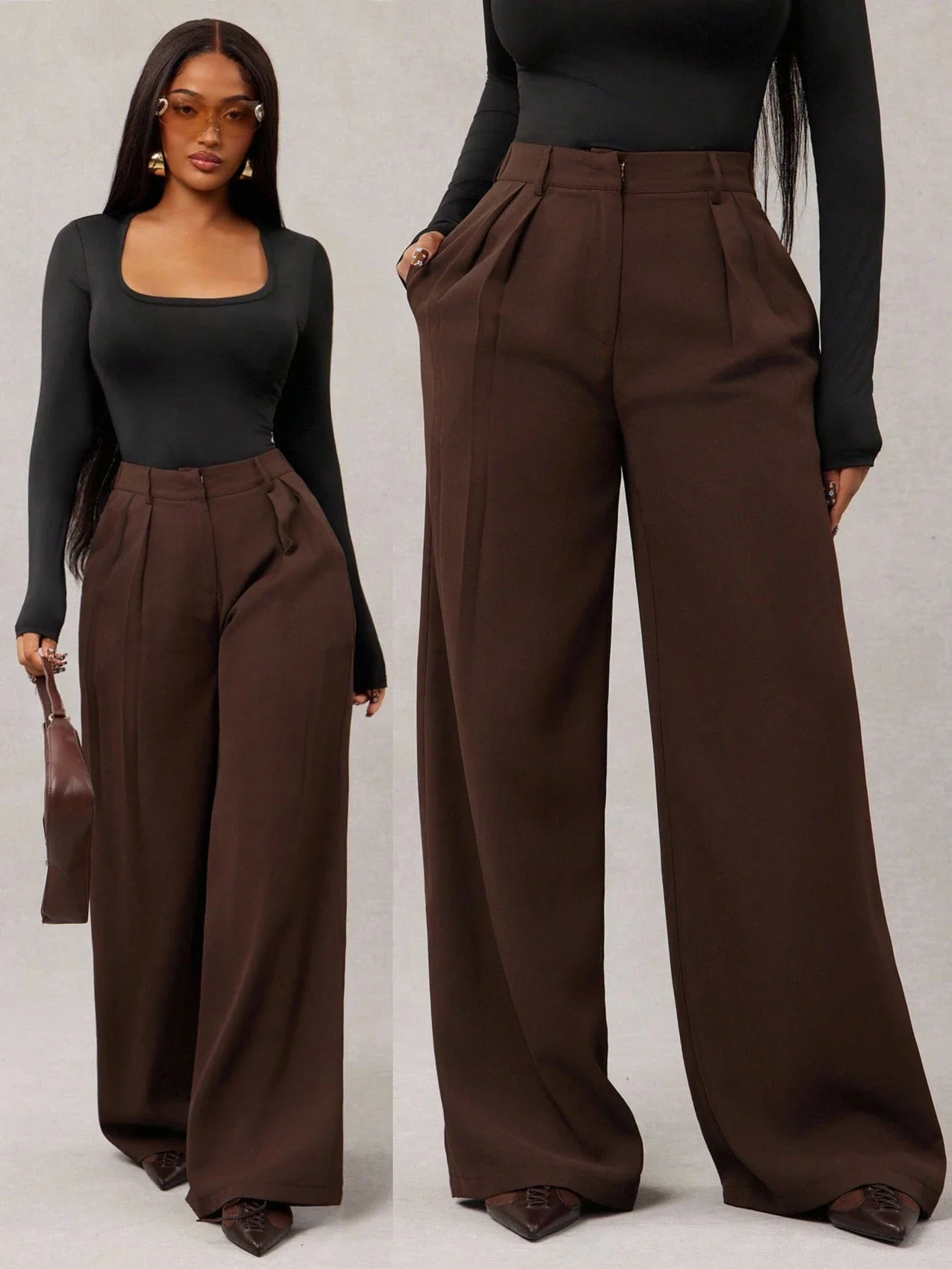 

Женские минималистичные коричневые брюки с высокой талией и широкими штанинами, свободного кроя, для повседневной носки