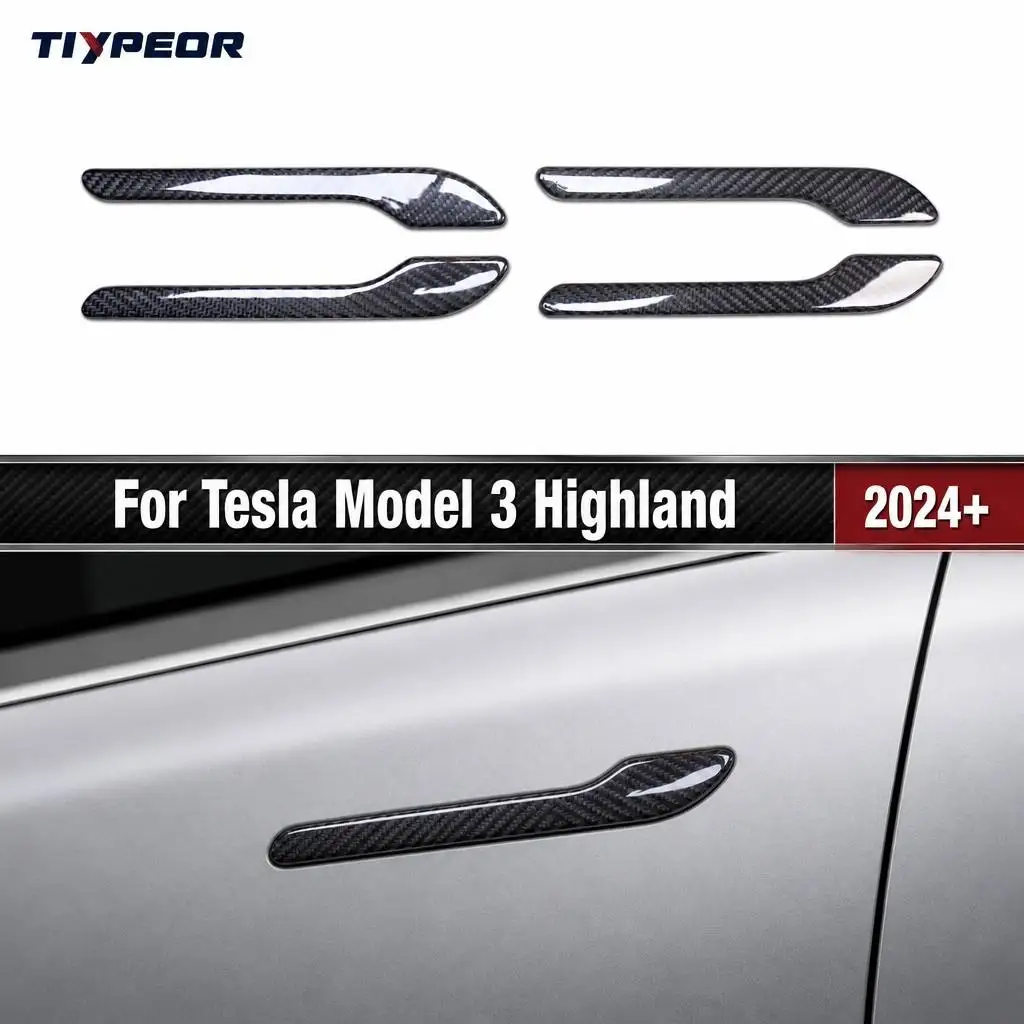 Tiypeor Dry Carbon Fiber Door Handle Cover For Tesla Model 3 Highland 2024+ 3 Styles Available Stick‑On Trim 4 pcs hight gloss