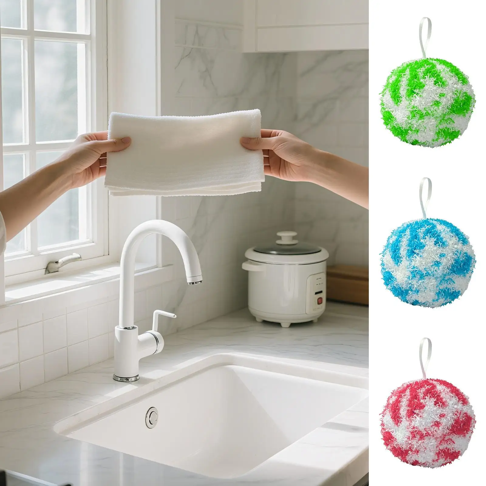 1pc Fiber Cleaning Ball for Quick Cleaning Bath Kitchen Stains Colorful Stripes Balls with Hanging Rope Household Cleaning Tools