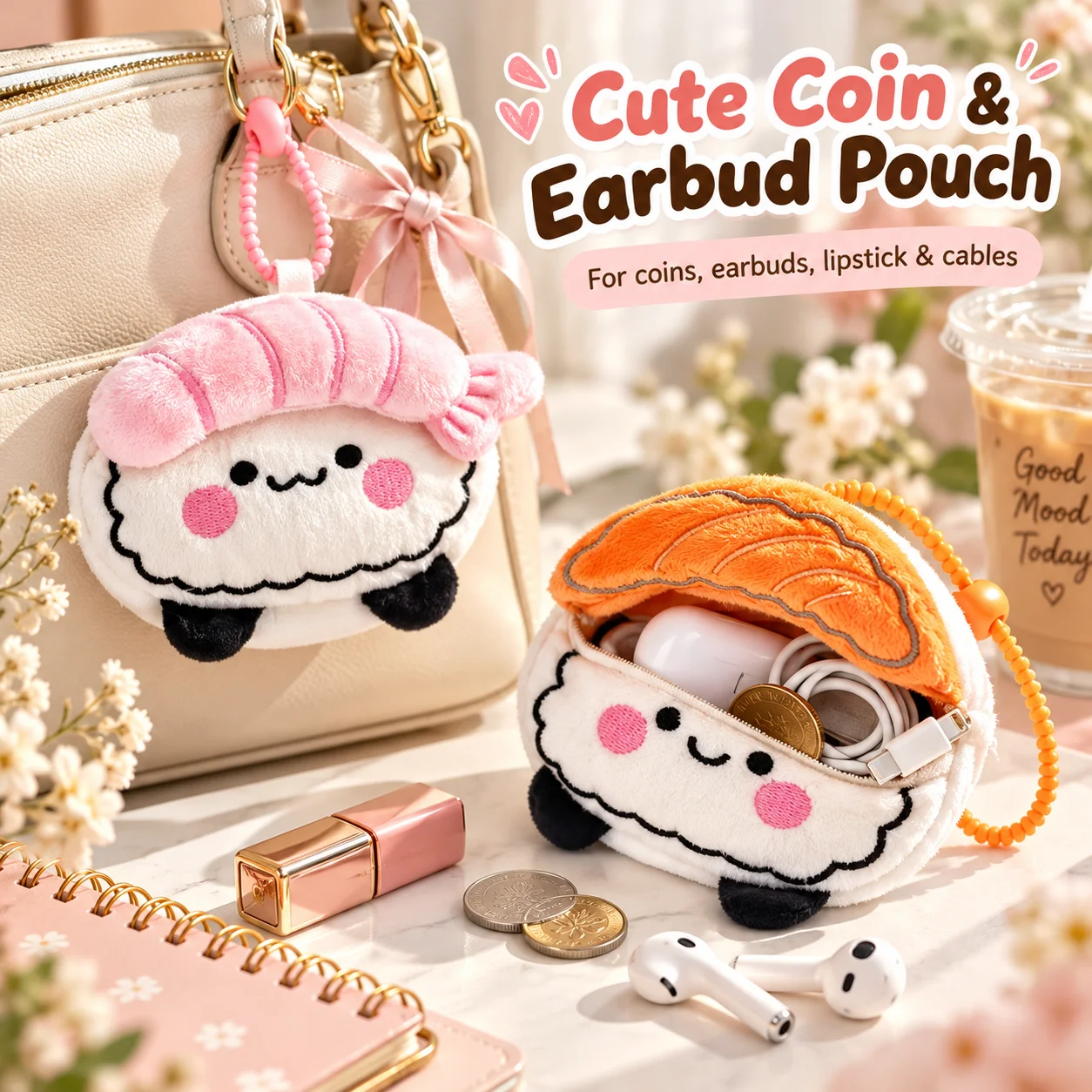 Sushi Plush Coin Purse Keychain, Cute Kawaii Pendant, Versatile Bag Charm Accessory