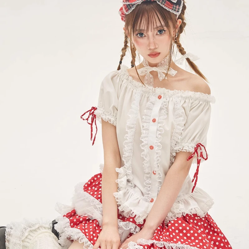 Original Design Retro White Lace Bow Women's Shirt 2025 Spring Summer Japanese New Cute Sweet Lolita Short-sleeved Shirt Ladies