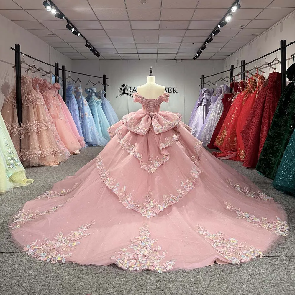 Pink Quinceanera Dress Ball Gown Off Shoulder 3D Flower Applique Big Bow Tulle Skirt Train Custom Made Vestido de 15 Años