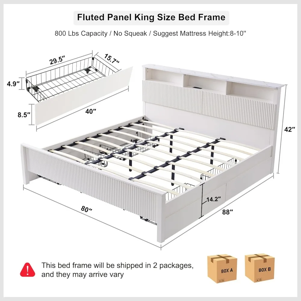 Fluted Panel King Bed Frame with Bookcase Headboard & Charging Station, Modern Wood Platform Bed with 4 Drawers