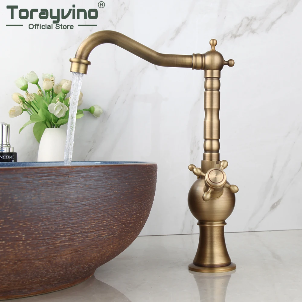 

Смеситель для кухни Torayvino из античной латуни с двумя ручками, поворотным изливом, для горячей и холодной воды, с одним отверстием